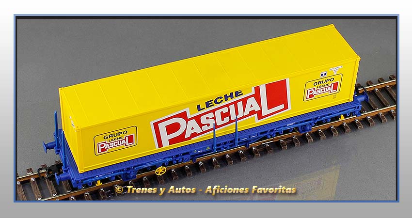 Vagón plataforma Tipo Lgs "Zumosol"-"Leche Pascual"-"Desnatados Pascual"