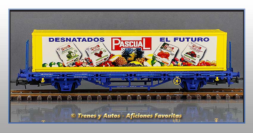 Vagón plataforma Tipo Lgs "Zumosol"-"Leche Pascual"-"Desnatados Pascual"