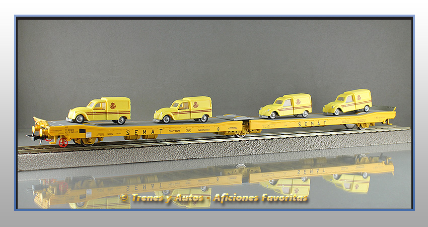 Vagón transporte automóviles "SEMAT" con furgonetas Correos - Renfe
