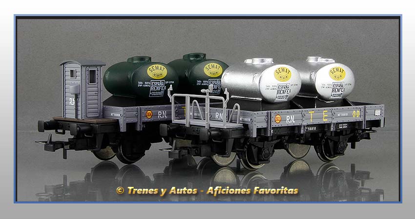 Vagones plataforma balconcillo/garita depósitos líquidos "TE803-804"-Renfe
